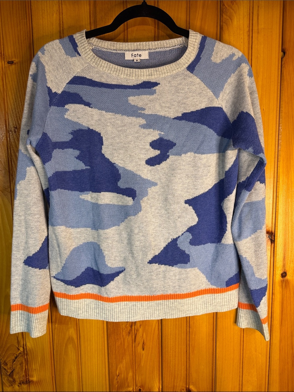 Fate Blue Camouflage Crewneck Sweater with Orange Accent